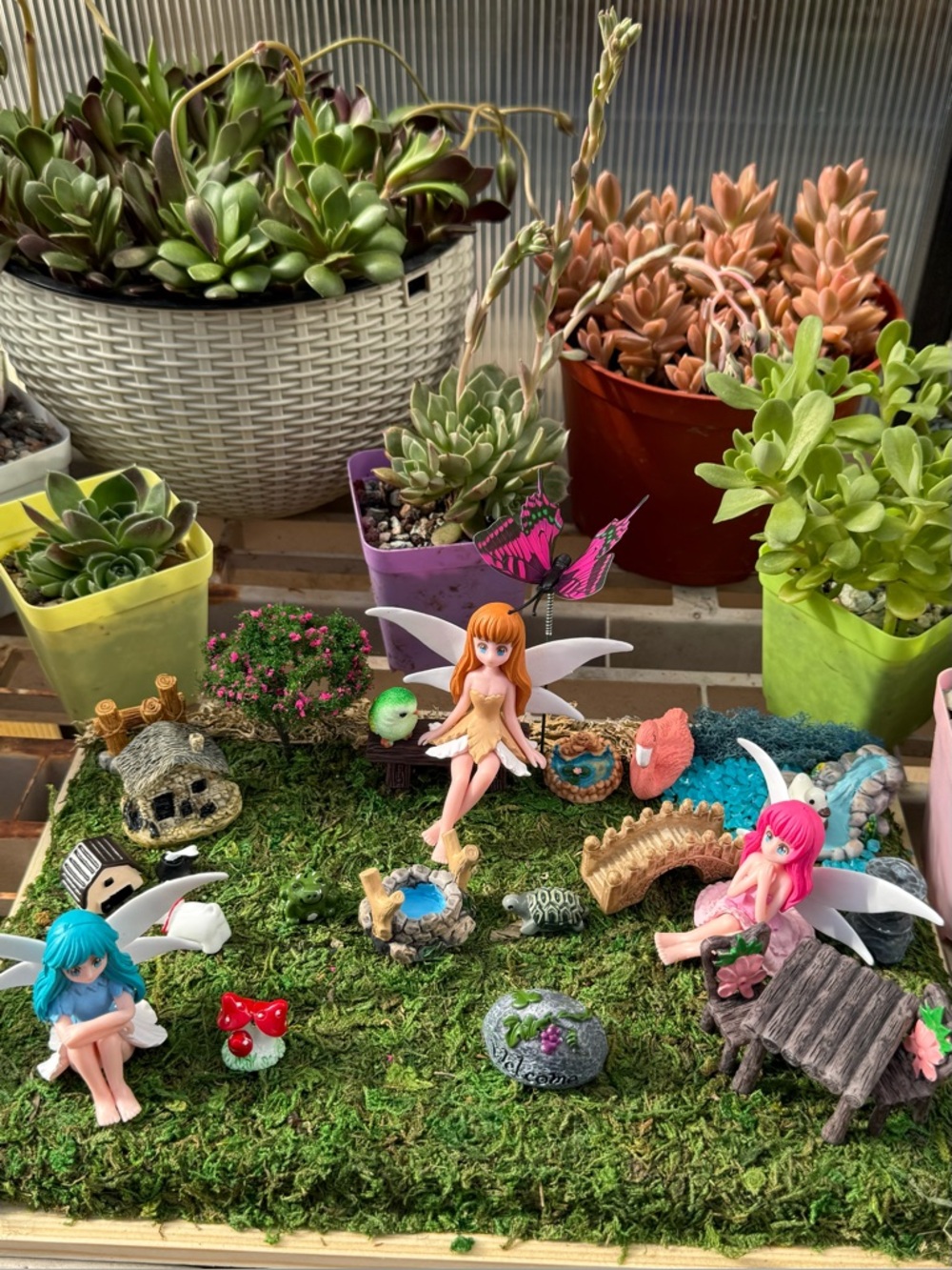 Custom made complete Fairy Garden kit w/base,fairies & 2 scenes.